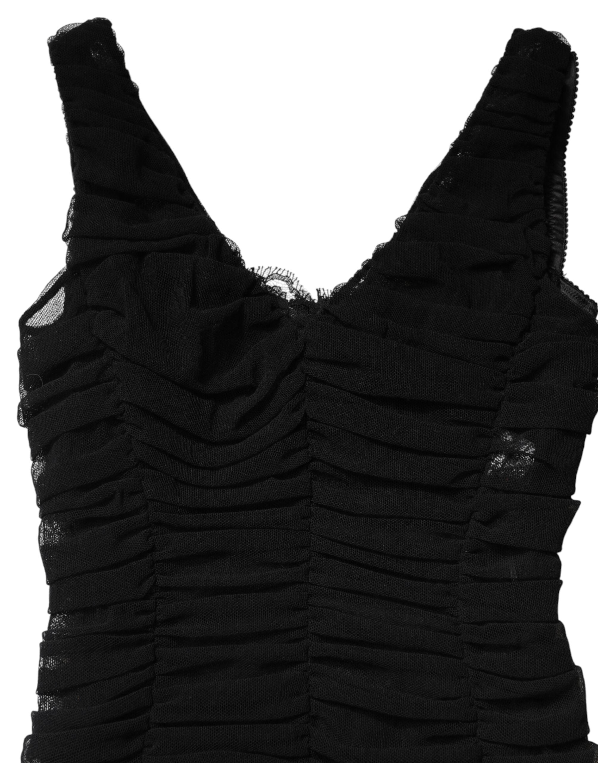 Black V-Neck Ruched Lace Hem Midi Dress - ventzia