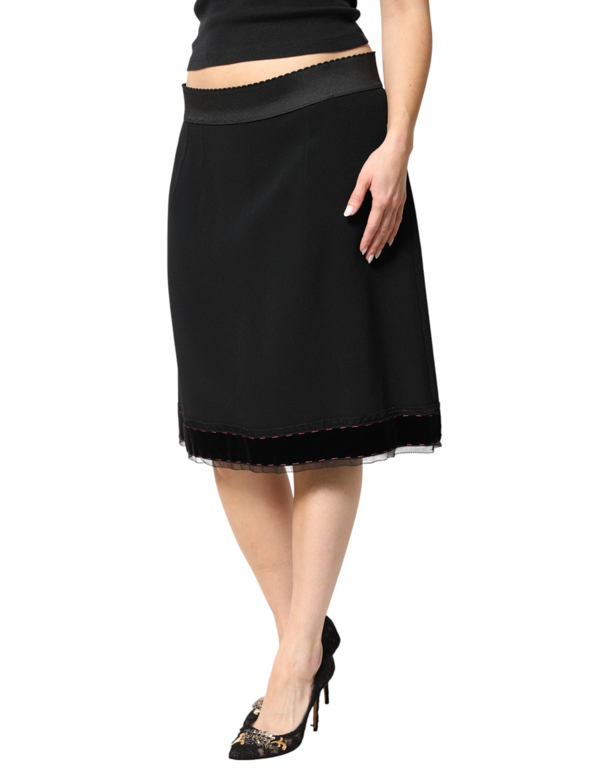 Black Mid Waist A-line Knee Length Skirt - ventzia