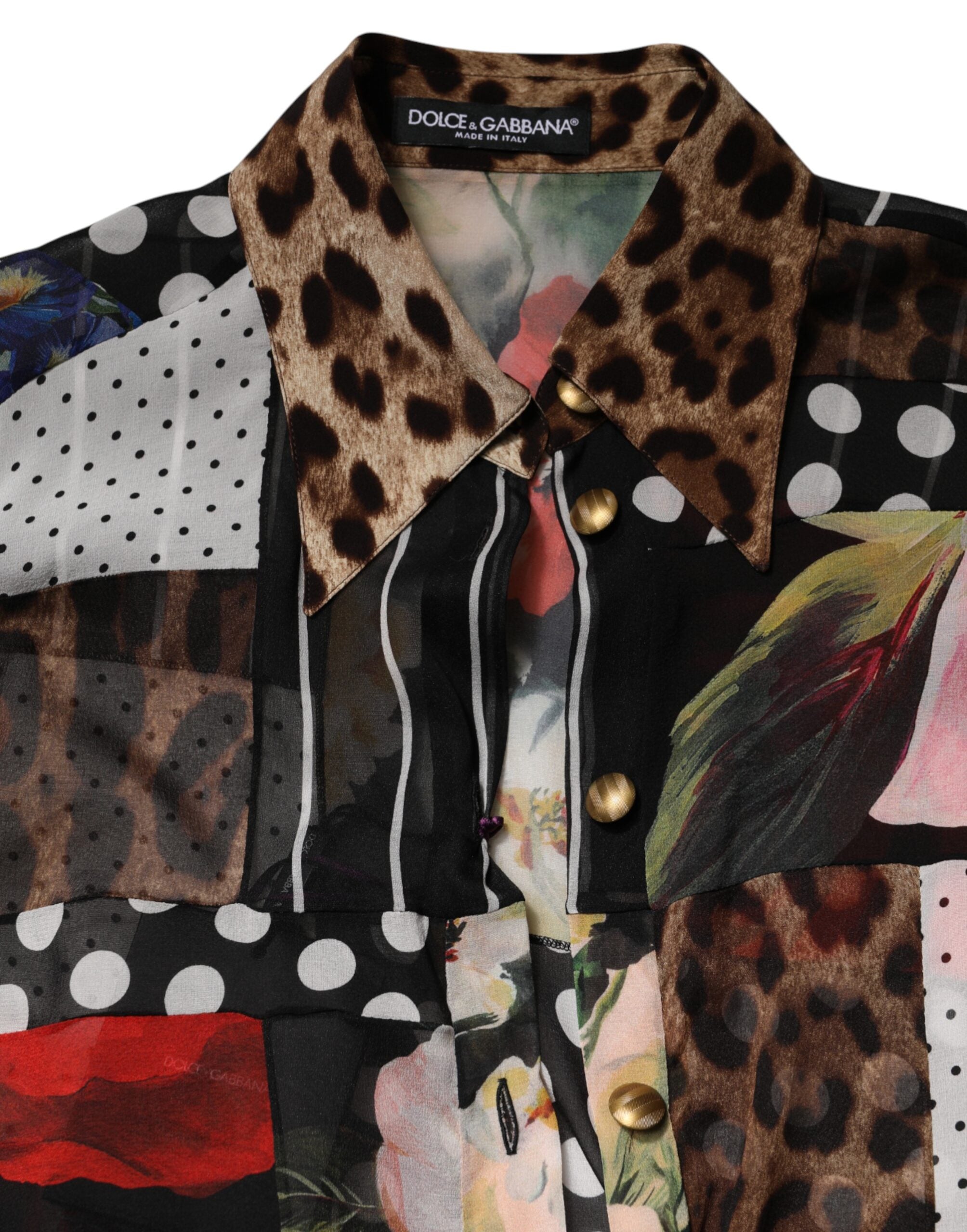 Multicolor Patchwork Silk CollaredBlouse Top - ventzia