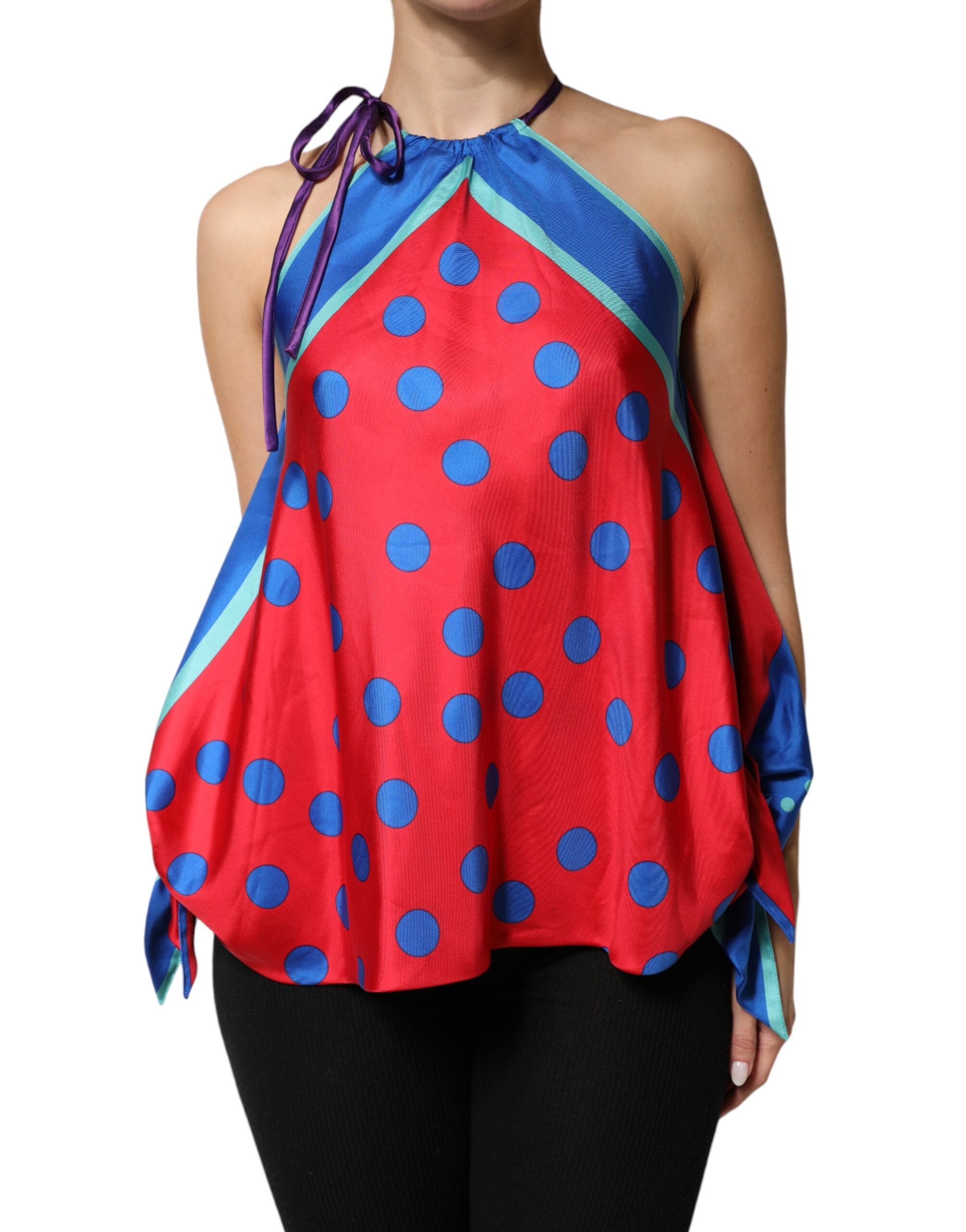 Multicolor Polka Dot Tie Halter Blouse  Top - ventzia