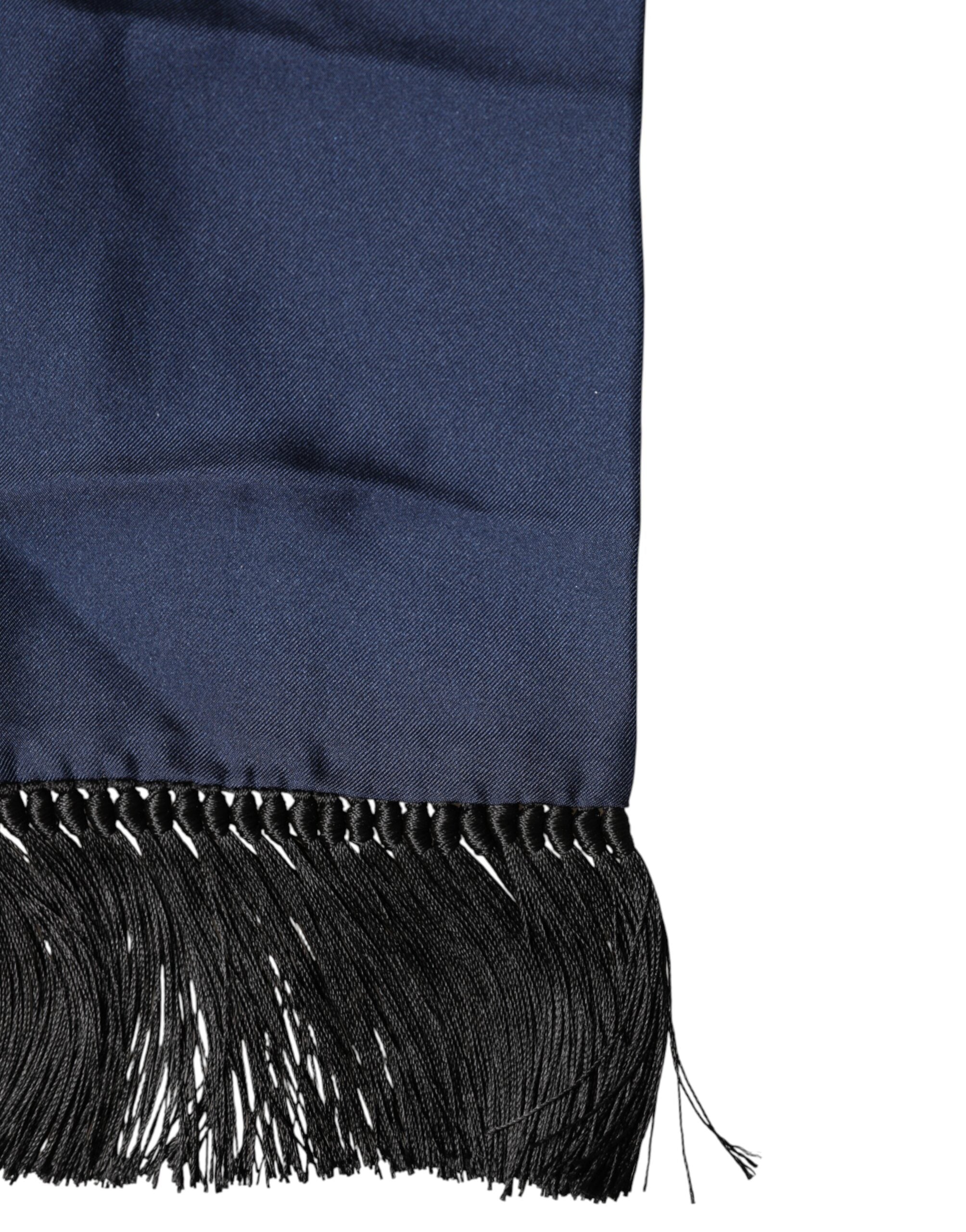 Navy Blue Silk Fringes Neck Foulard Scarf - ventzia