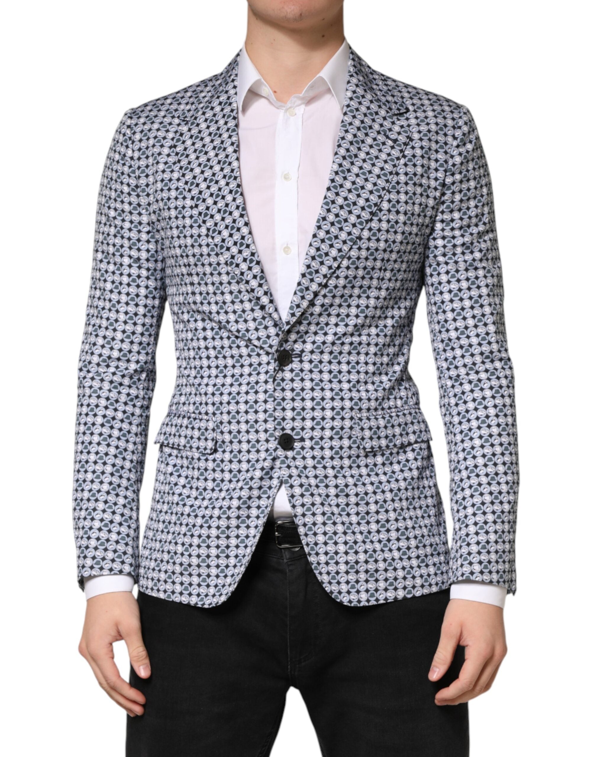 Blue Cotton Patterned Single Breasted Blazer - ventzia