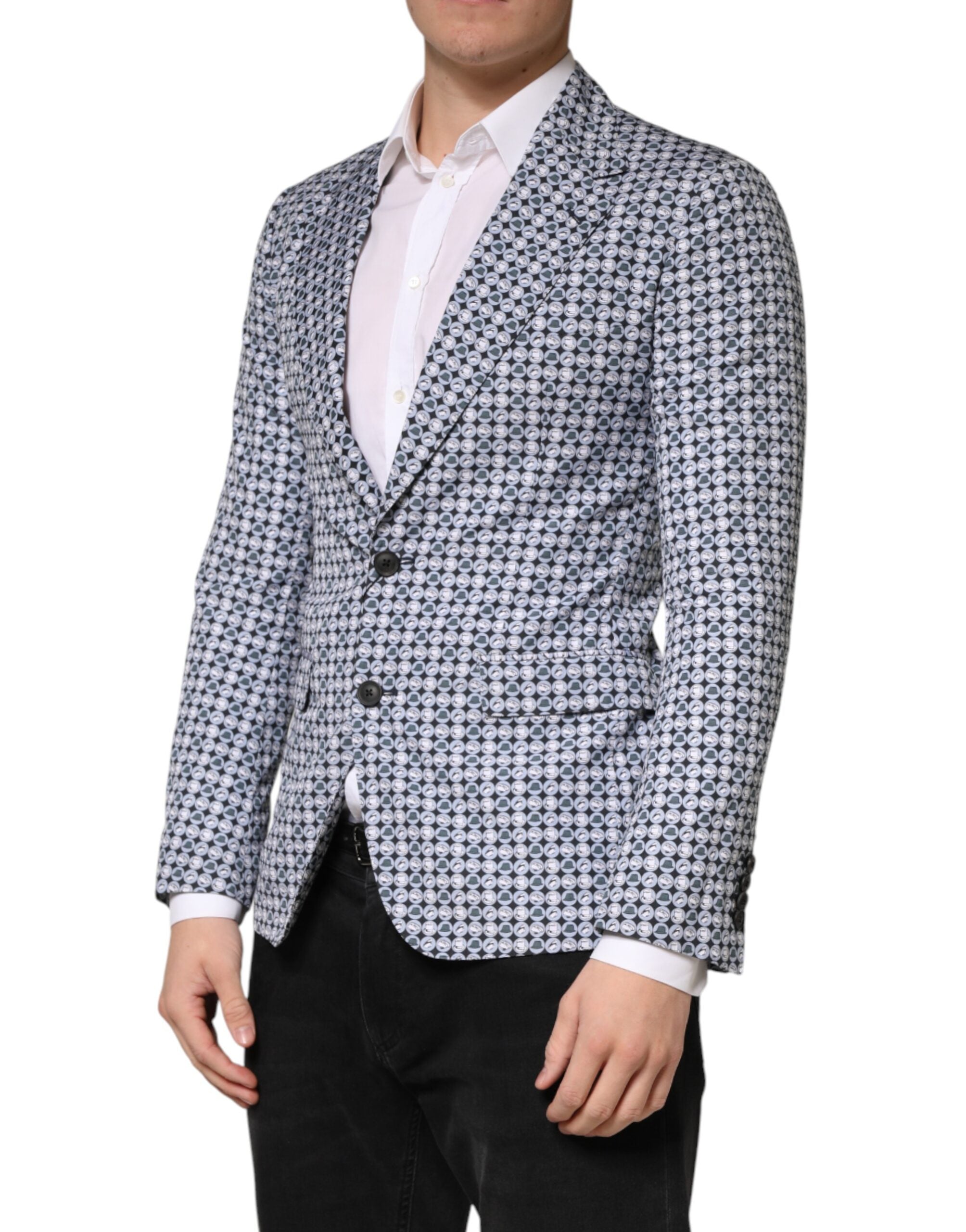 Blue Cotton Patterned Single Breasted Blazer - ventzia