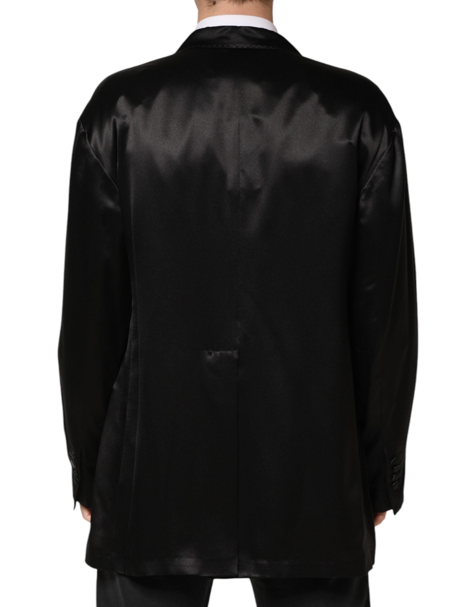 Black Silk Double Breasted 2 Button Blazer - ventzia