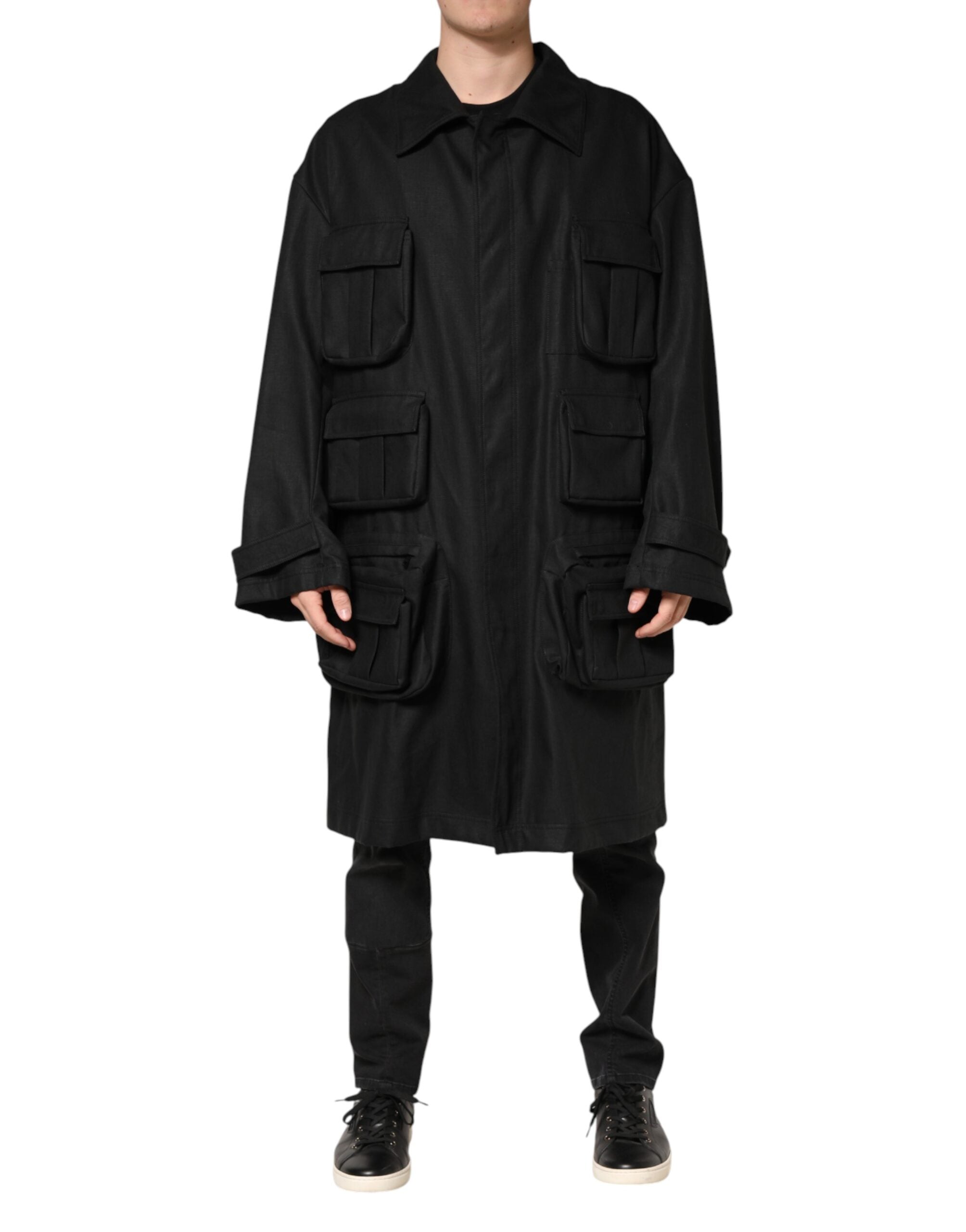 Black Pockets Collared Trench Coat Jacket - ventzia