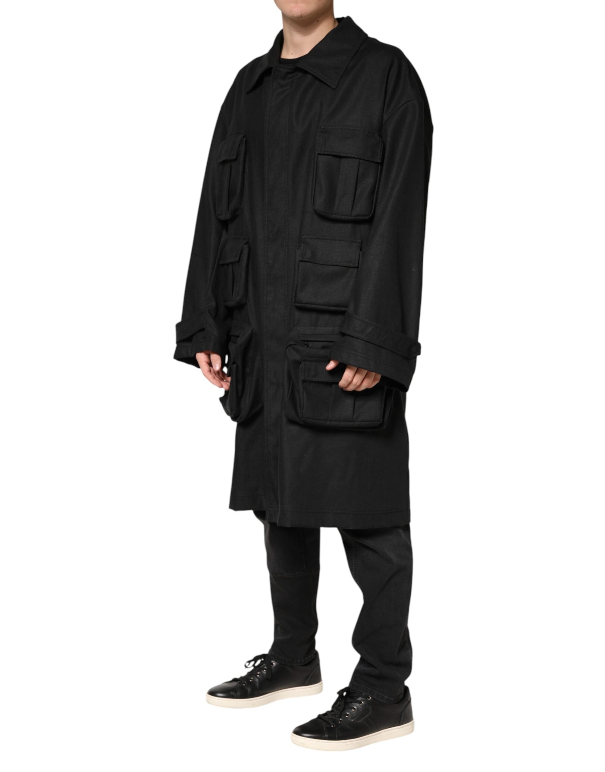Black Pockets Collared Trench Coat Jacket - ventzia