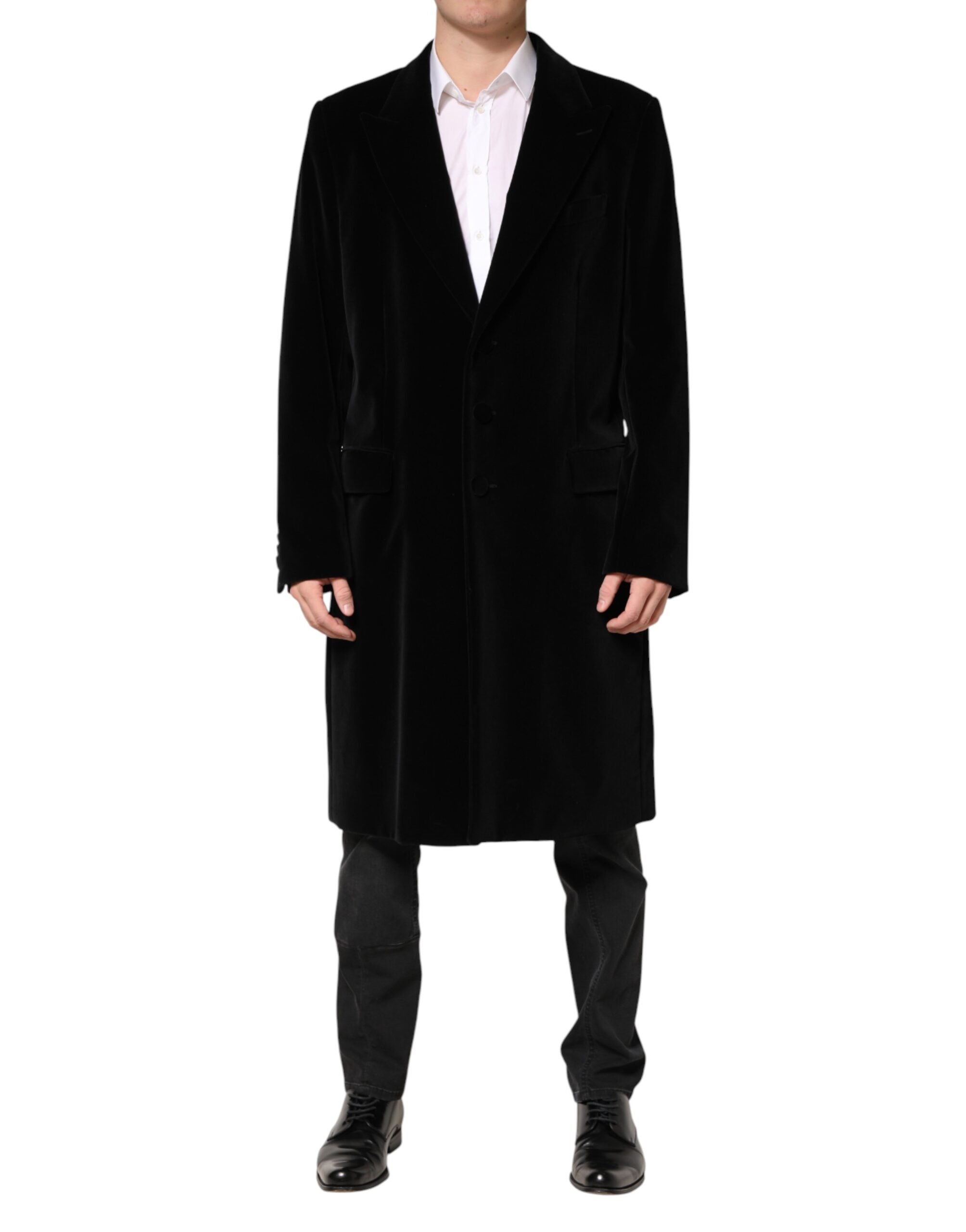 Black Cotton Velvet Long Trench Coat Jacket - ventzia
