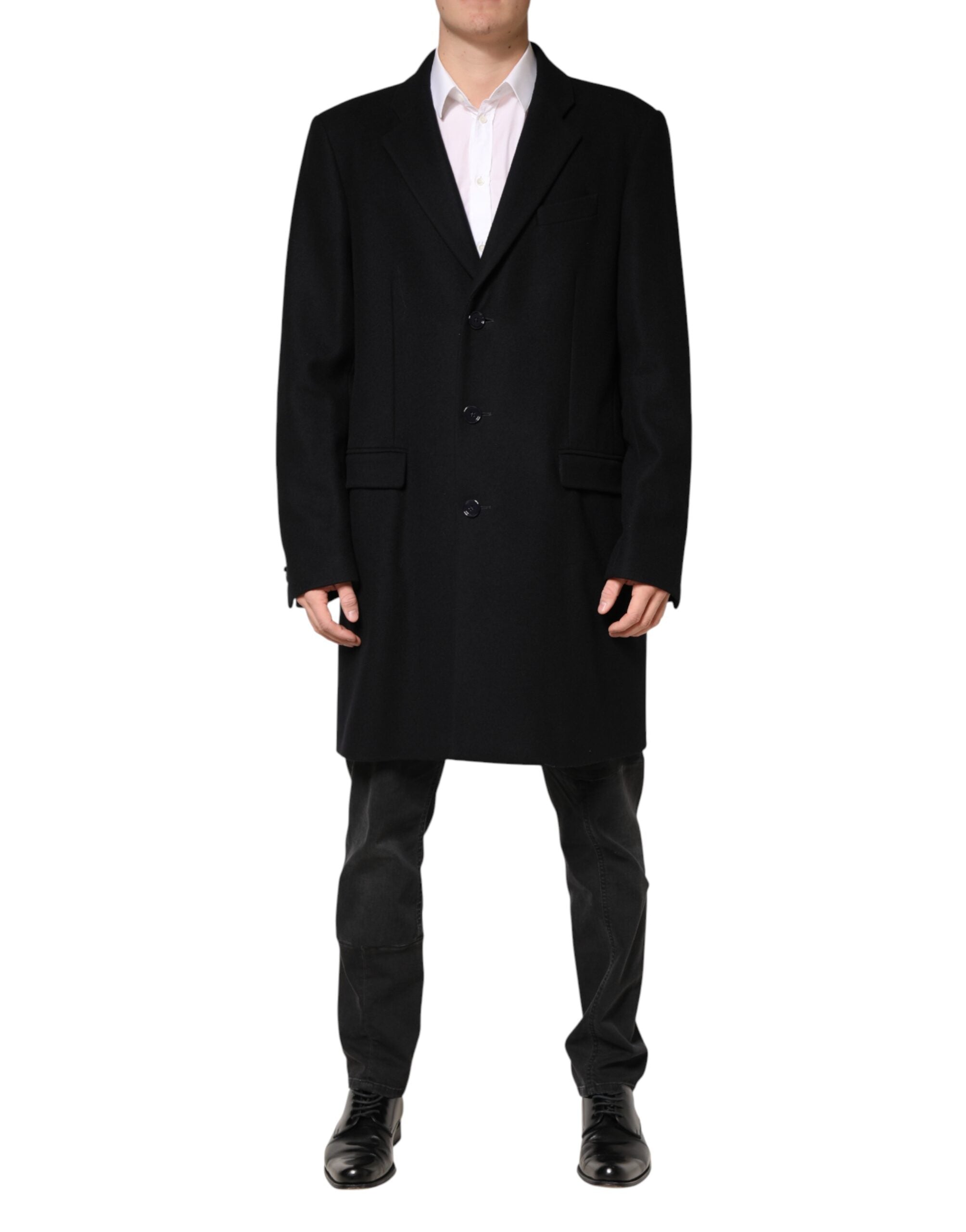 Black Wool Single Breasted Long Coat Jacket - ventzia