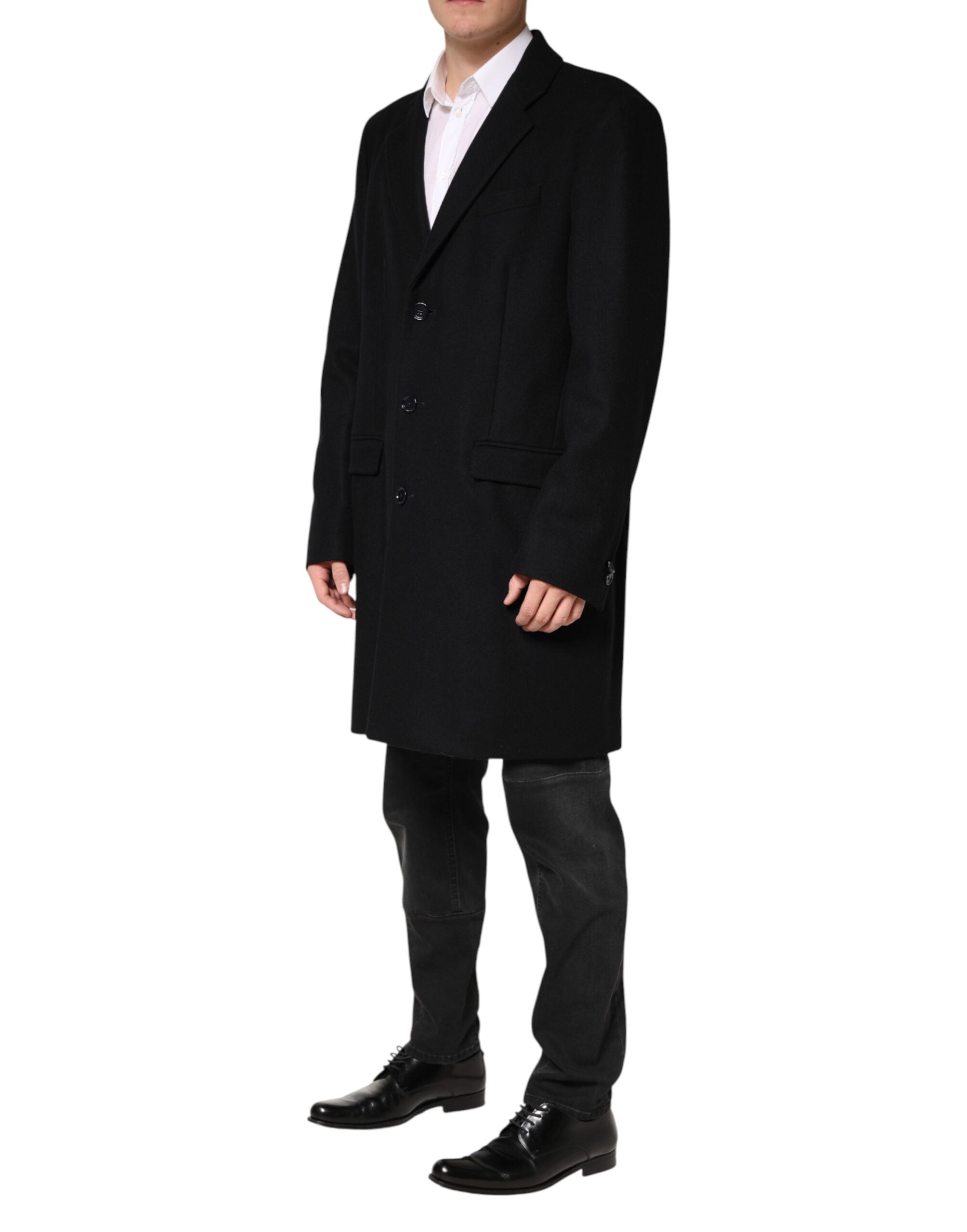 Black Wool Single Breasted Long Coat Jacket - ventzia