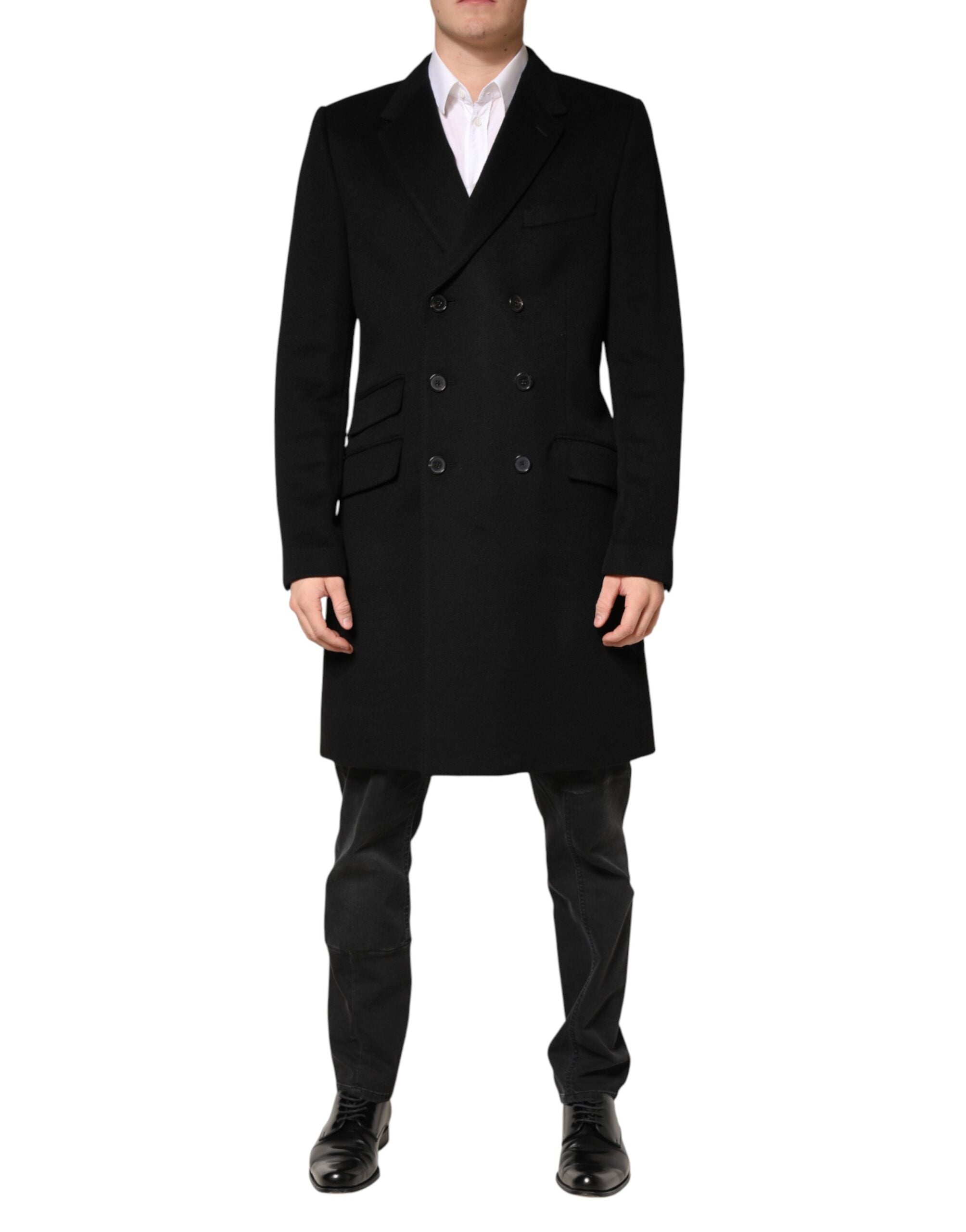 Black Wool Double Breasted TrenchCoat Jacket - ventzia