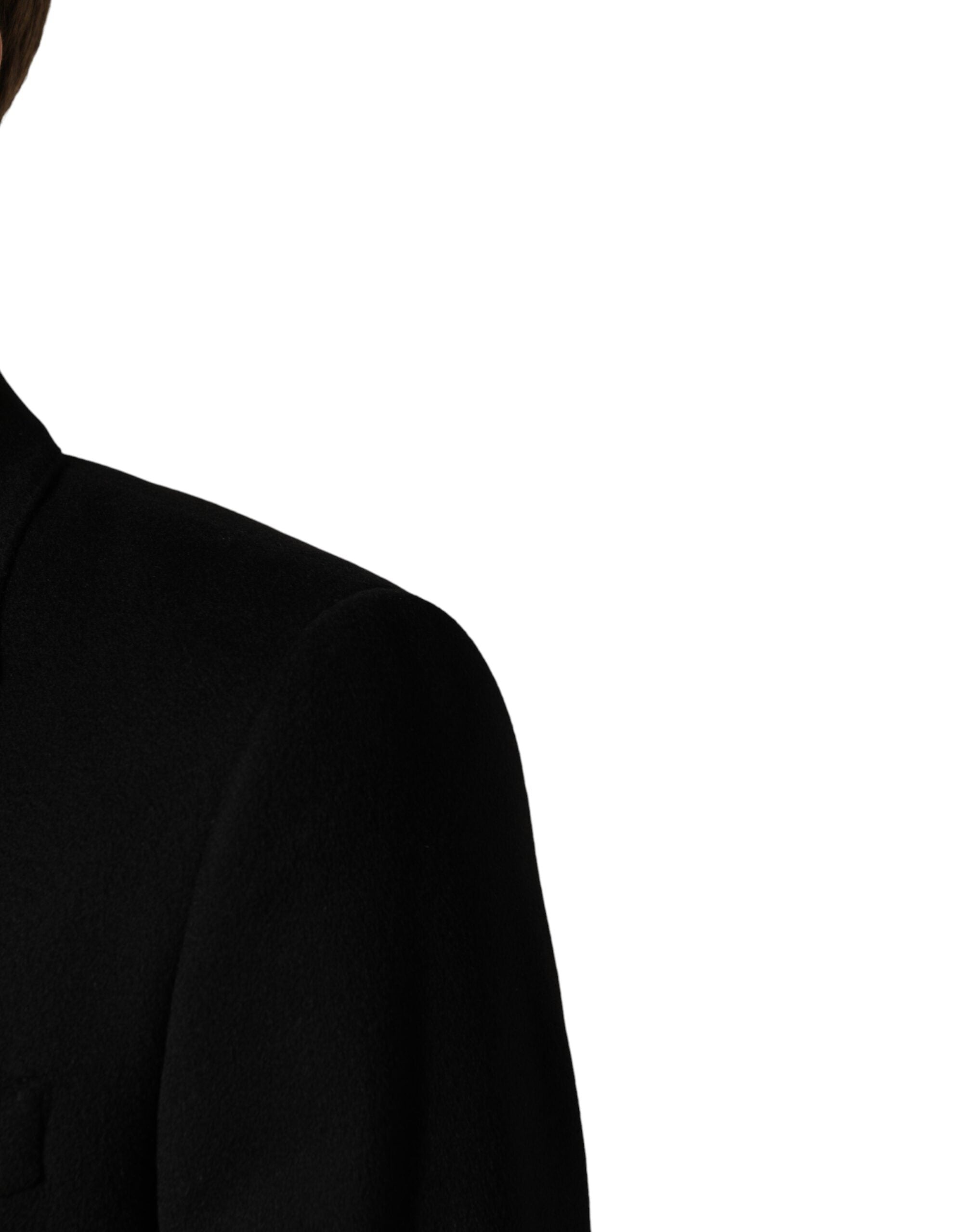 Black Wool Double Breasted TrenchCoat Jacket - ventzia