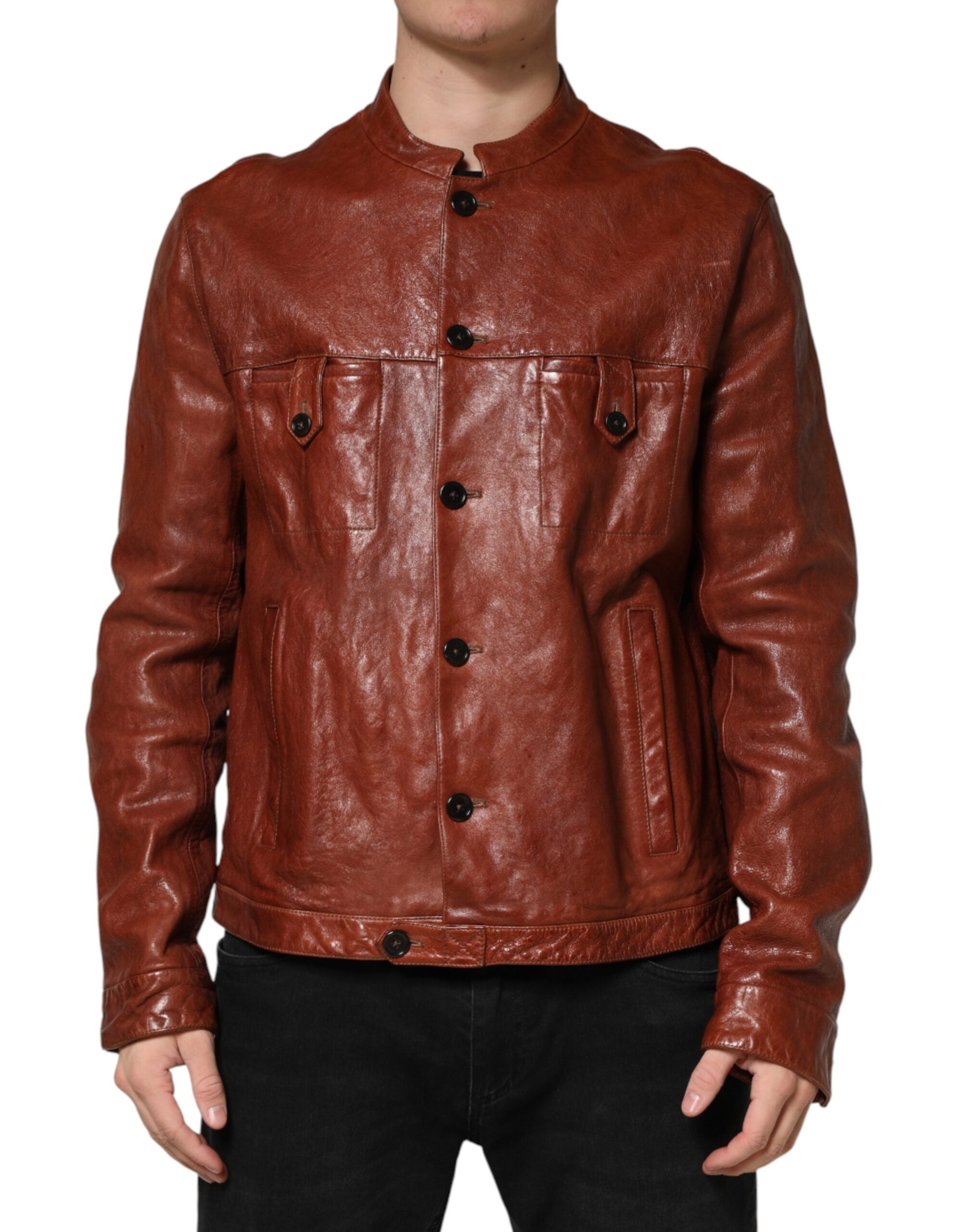Brown Leather Button Down Men Biker Jacket - ventzia