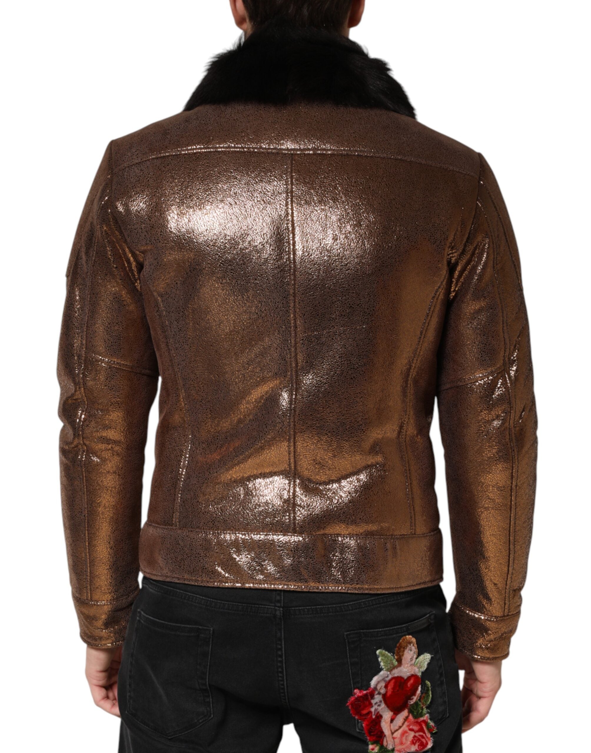 Bronze Leather Fur Full Zip Men Biker Jacket - ventzia
