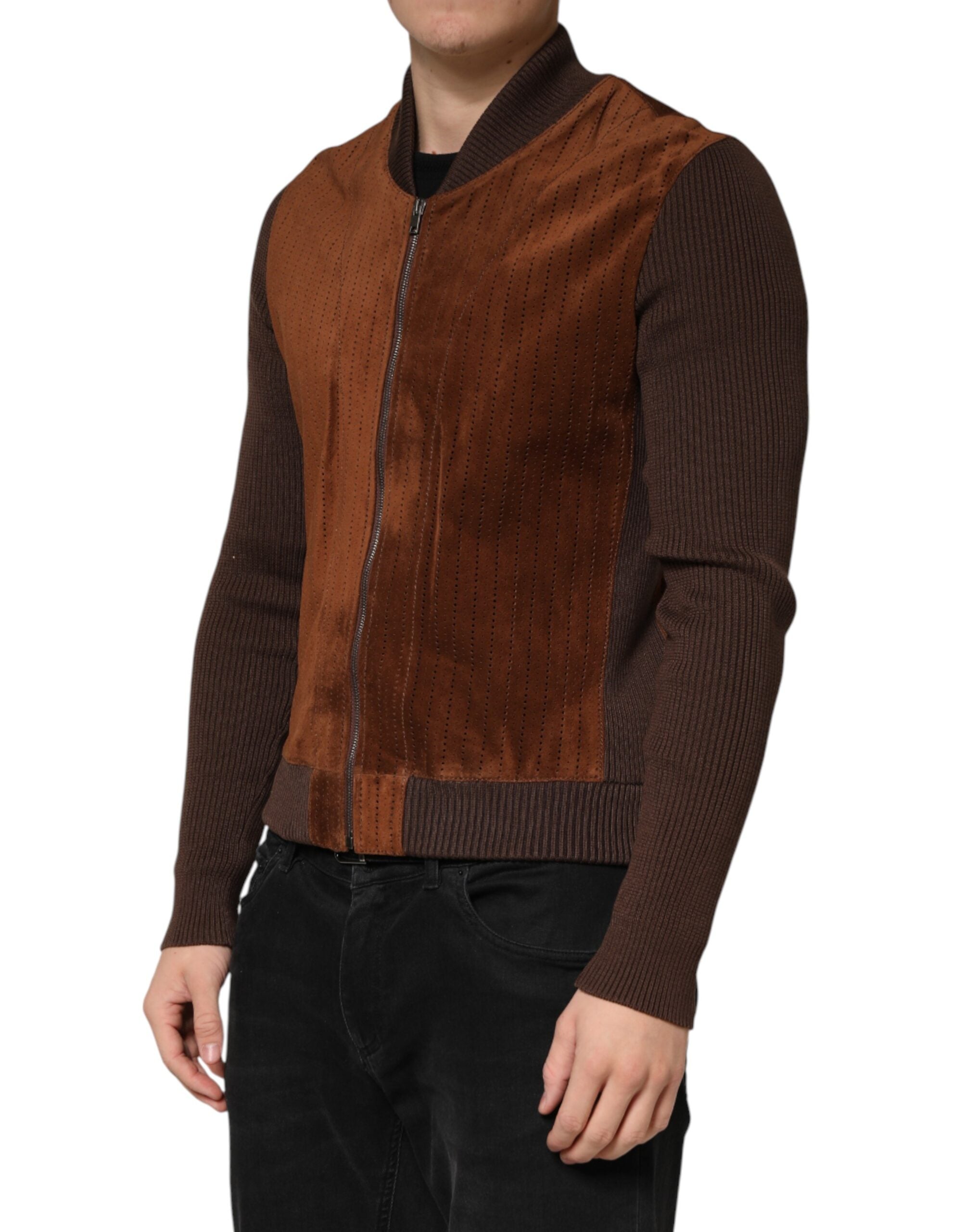 Brown Velvet Calfskin Full Zip Biker Jacket - ventzia