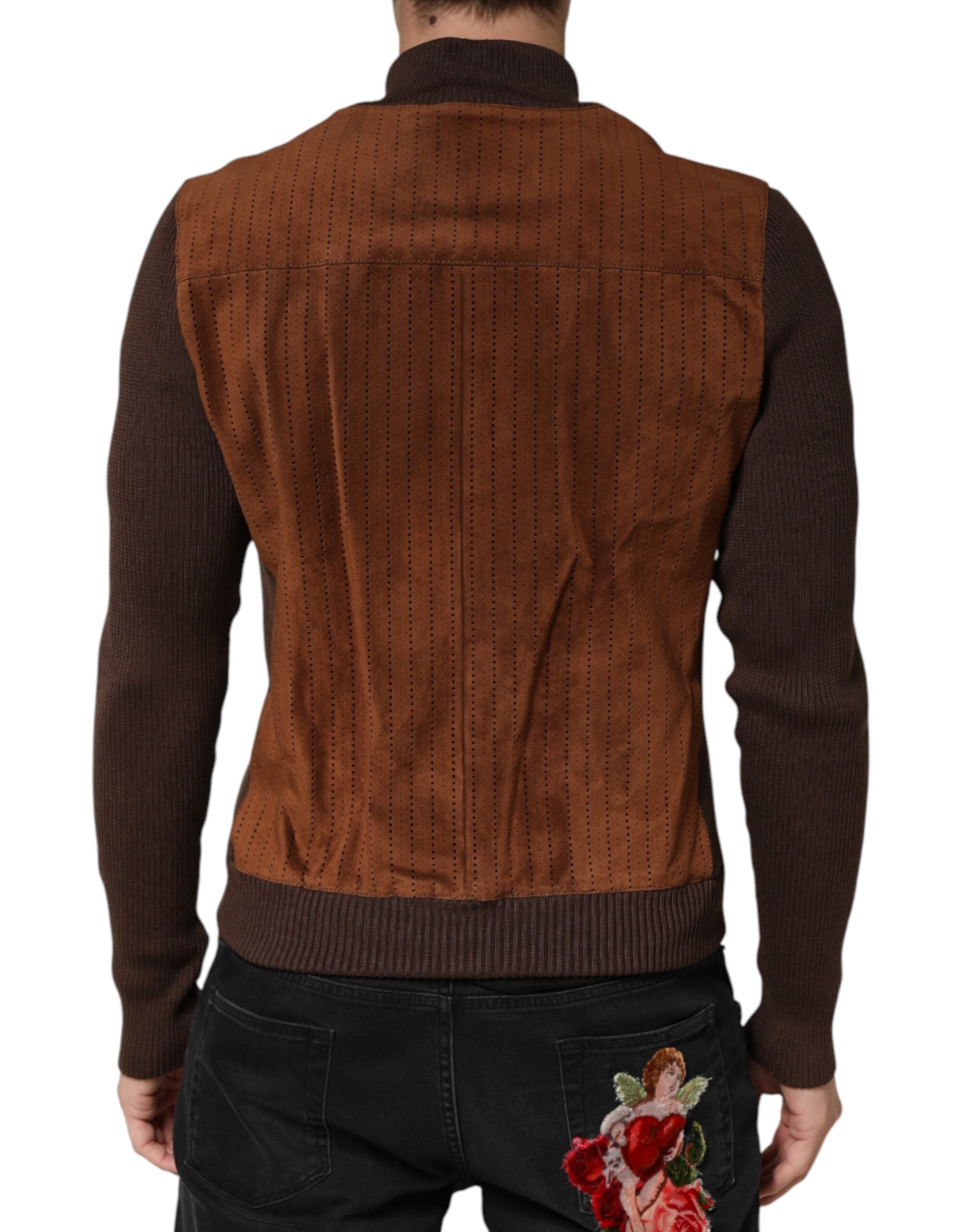 Brown Velvet Calfskin Full Zip Biker Jacket - ventzia