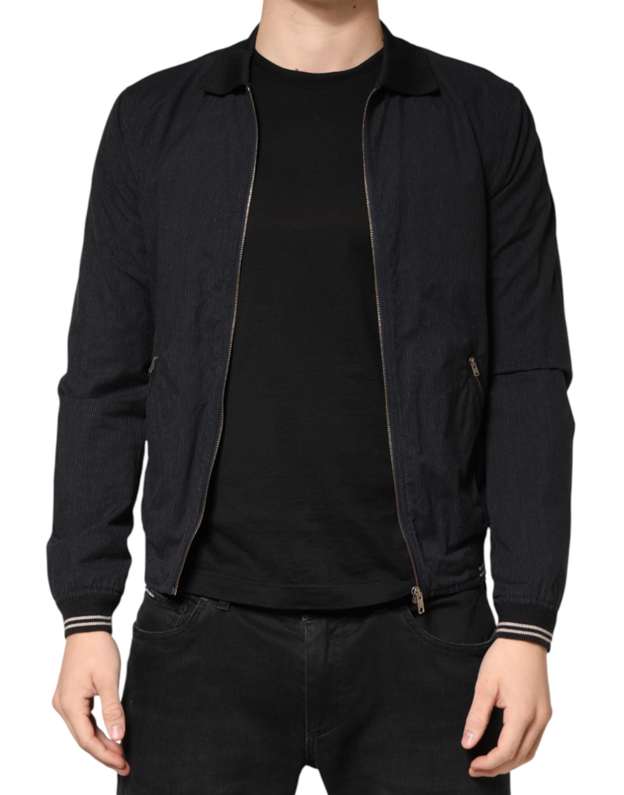 Dark Blue Cotton Full Zip Bomber Men Jacket - ventzia