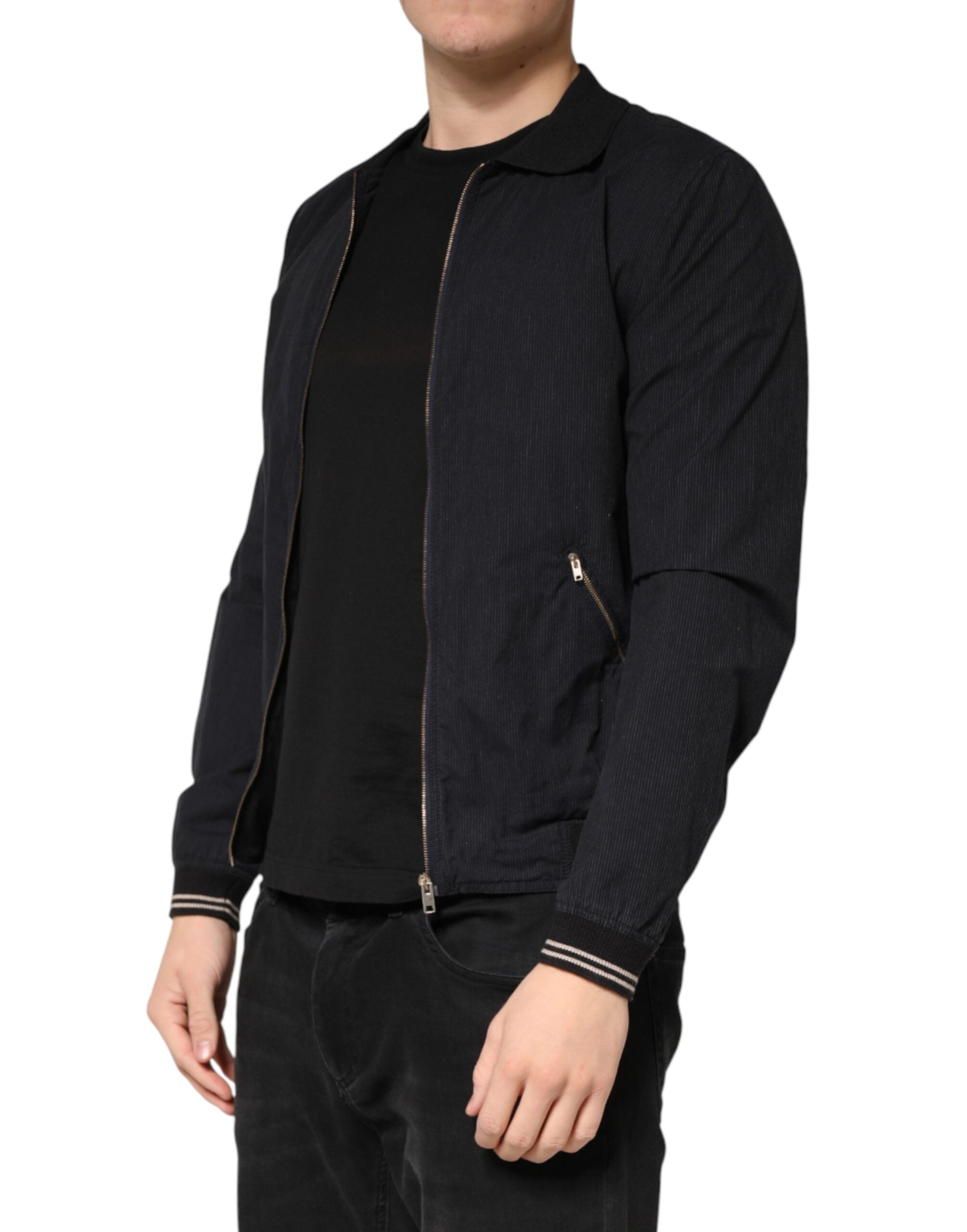 Dark Blue Cotton Full Zip Bomber Men Jacket - ventzia